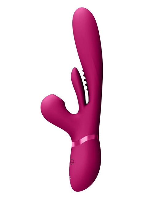 Vive Kura Rechargeable Silicone Triple Motor Thrusting G-Spot with Flapper and Air Wave Clit Stimulation Vibrator - Pink