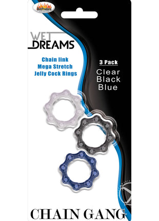 Wet Dreams Chain Gang Cock Rings - Assorted Colors/Black/Blue/Clear - 3 Each Per Pack