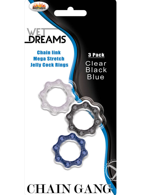 Wet Dreams Chain Gang Cock Rings - Assorted Colors/Black/Blue/Clear - 3 Each Per Pack