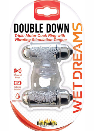 Wet Dreams Double Down Triple Motor Cock Ring with Vibrating Stimulating Tongue Waterproof - Clear