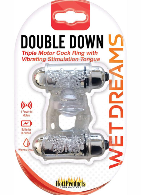 Wet Dreams Double Down Triple Motor Cock Ring with Vibrating Stimulating Tongue Waterproof - Clear