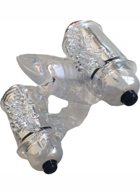 Wet Dreams Double Down Triple Motor Cock Ring with Vibrating Stimulating Tongue Waterproof - Clear