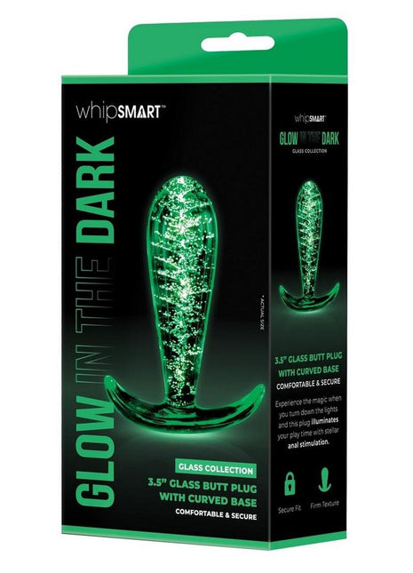 WhipSmart Glass Butt Plug with Curved Base - Clear/Glow In The Dark - 3.5in