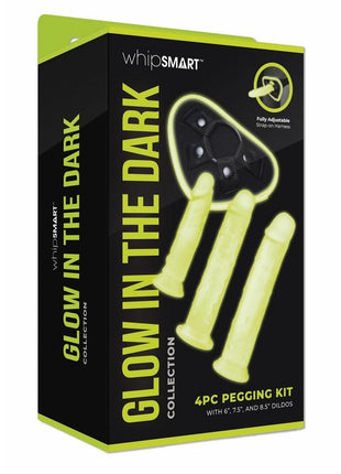 WhipSmart Glow In The Dark Pegging Kit with 6in, 8in and 9in Silicone Dildos - Glow In The Dark/Green - 4 Piece