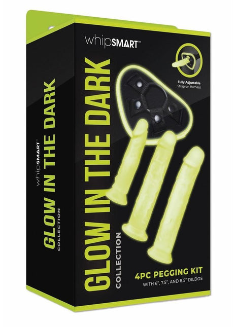 WhipSmart Glow In The Dark Pegging Kit with 6in, 8in and 9in Silicone Dildos - Glow In The Dark/Green - 4 Piece