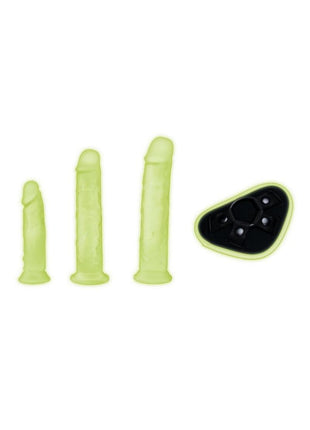 WhipSmart Glow In The Dark Pegging Kit with 6in, 8in and 9in Silicone Dildos - Glow In The Dark/Green - 4 Piece