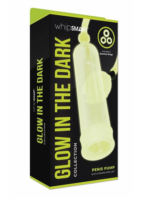 WhipSmart Glow In The Dark Penis Pump and Stamina Cock Ring - Glow In The Dark/Green - Set
