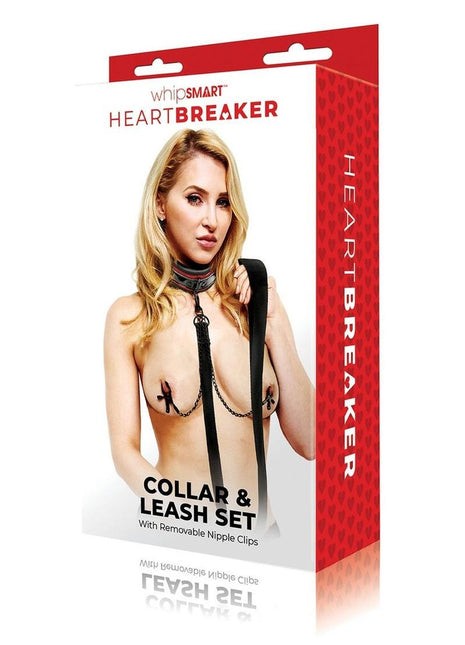 WhipSmart Heartbreakers Deluxe Collar, Nipple Clips, Leash - Black/Red - Set
