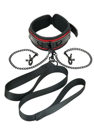 WhipSmart Heartbreakers Deluxe Collar, Nipple Clips, Leash - Black/Red - Set