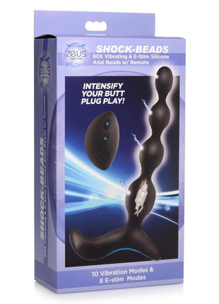 Zeus Shock Beads 80x Vibrating and E-Stim Rechargeable Silicone Anal Beads with Remote Control - Black