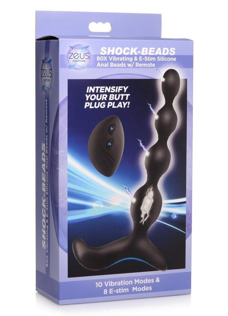 Zeus Shock Beads 80x Vibrating and E-Stim Rechargeable Silicone Anal Beads with Remote Control - Black