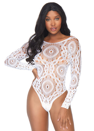 Leg Avenue Crochet Lace Long Sleeve Snap Crotch Thong Back Teddy