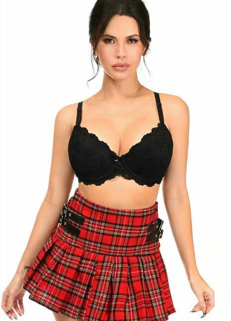 Red Plaid Pleated Skirt With Buckles