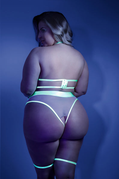 GLOW In A Trance Crotchless Teddy with Leg Garters Queen