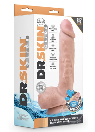 Dr. Skin Glide Self Lubricating Dildo With Balls 8.5in - Vanilla