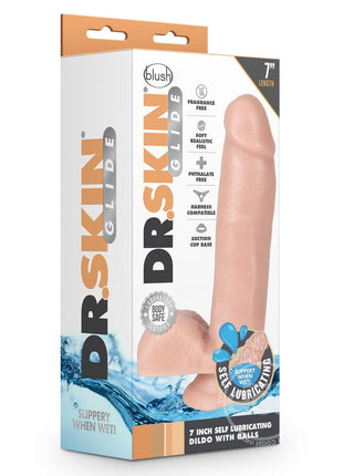 Dr. Skin Glide Self Lubricating Dildo With Balls 7in - Vanilla